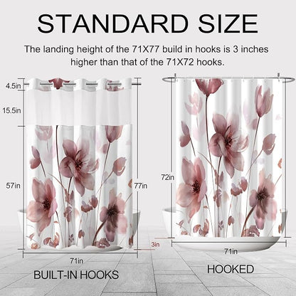 No Hook Shower Curtain and Liner Set, Red Boho Floral 71x77 | Watercolor Boho Flower, with Snap in Liner, Mesh Top Window, Waterproof, Machine Washable, Quick-Drying, for Hotel Bathroom