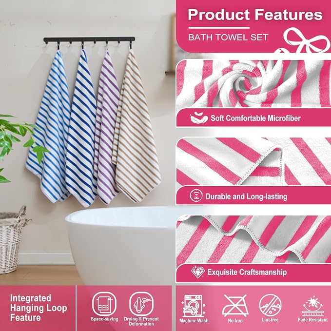 JML Microfiber Beach Towels, 4 Pack, 27" x 55", Stripe Pink | Soft, Super Absorbent, Fast Drying Bath Towel Set for Swimming, Pool, Summer Beach Party