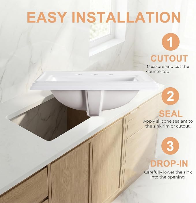 23" Drop-in Bathroom Sink with 8" Widespread 3 Hole Ceramic Basin | 23.2"x18.3”,White Ceramic Rectangle Semi-recessed Vanity Basin, Self-Rimming for Modern Bathroom Remodel and Home Renovation