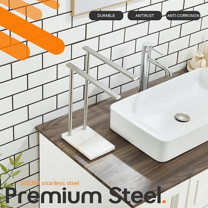 Free Standing Towel Rack Brushed Nickel 2-Tier Hand Towel Bars for Bathroom Vanity Countertop with Thicken Steady Marble Base, Stainless Steel AN7003BR