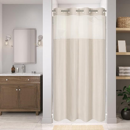 eachope No Hook Linen Texture Shower Curtain with Snap-in Liner,60x74 Cream | 230GSM Thick Fabric,Hotel Luxury Decor,Mesh Top Window,Waterproof & Machine Washable,for Shower Stall or Bathroom