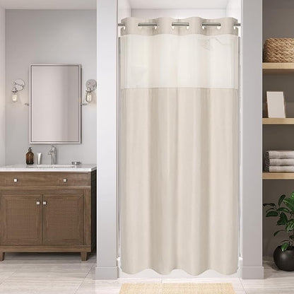 eachope No Hook Linen Texture Shower Curtain with Snap-in Liner,54x74 Cream | 230GSM Thick Fabric,Hotel Luxury Decor,Mesh Top Window,Waterproof & Machine Washable,for Shower Stall or Bathroom