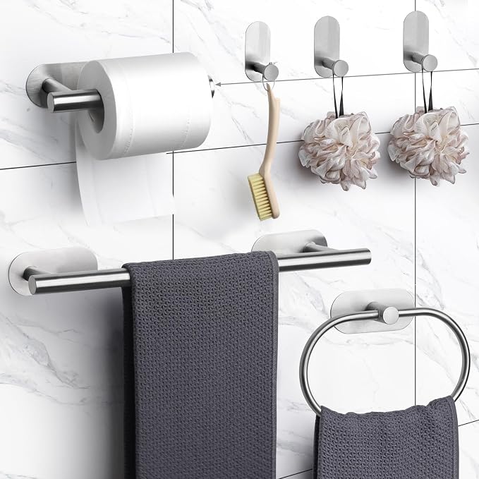 JiGiU Self Adhesive Towel Bar, Wall Mount No Drill Bathroom Hardware Set | Include 16-Inch Bath Towel Bar,Toilet Paper Holder Towel Ring & 3-Pack Towel Hooks Stainless Steel Sticky on Towel Holder Kit