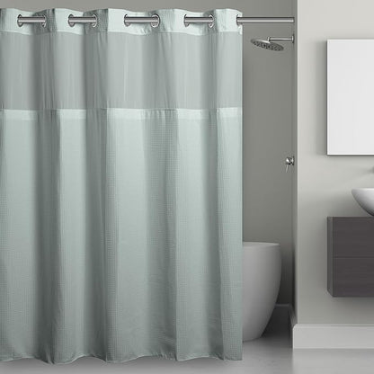 It's A Snap! Waffle Shower Curtain, 3-in-1 with Fabric Shower Curtain, Sheer Top Window, Flex-On Rings & Liner, 71' x 74', Misty Blue