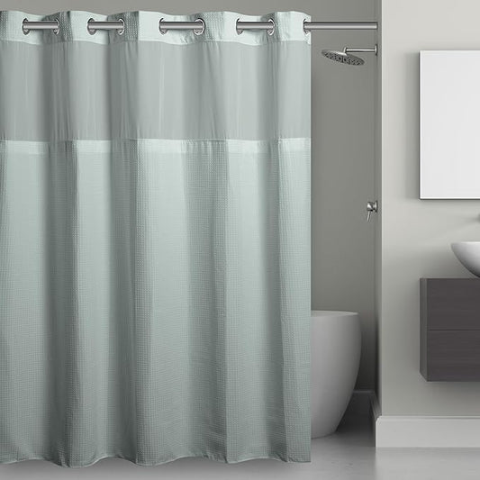 It's A Snap! Waffle Shower Curtain, 3-in-1 with Fabric Shower Curtain, Sheer Top Window, Flex-On Rings & Liner, 71' x 74', Misty Blue
