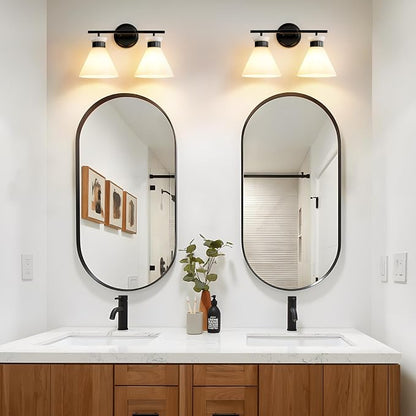 WOSHITU Black Bathroom Vanity Light Fixtures: Bathroom Lighting Fixtures Over Mirror 17.3 inch with Milky White Frosted Glass, 2-Lights Mid Century Modern Vanity Lighting Wall Light(Exclude Bulb)