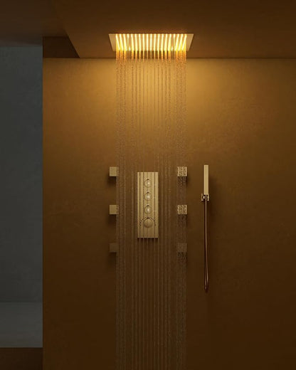 64 Color LED Mood Lighting Rainfall Shower System, 20" Ceiling Mount Bathroom Shower Faucet Set (Brushed Gold)