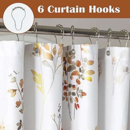 Colorful Floral Stall Shower Curtain, Earthy Terracotta Orange Boho Fabric Shower Curtains Set with Hooks, 36x72