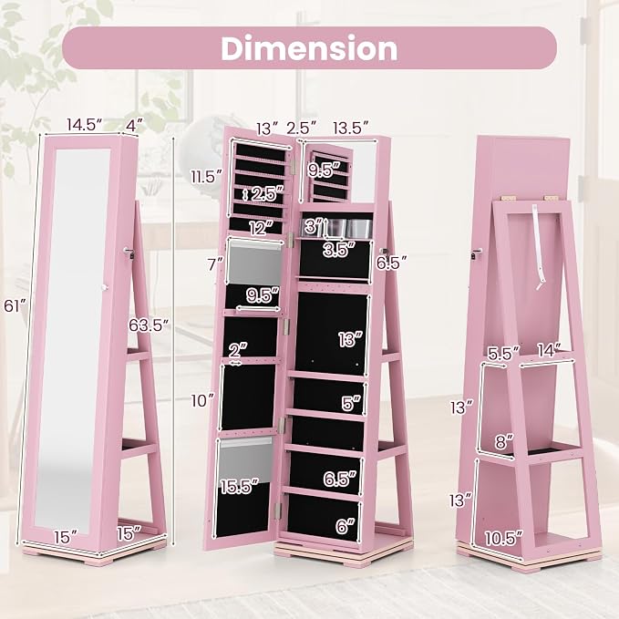 GOFLAME 360° Rotating Jewelry Armoire, Lockable Jewelry Cabinet with Full-Length Mirror & Inner Makeup Mirror, Standing Jewelry Storage Organizer with Rear Storage Shelves, Pink
