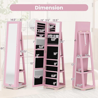 GOFLAME 360° Rotating Jewelry Armoire, Lockable Jewelry Cabinet with Full-Length Mirror & Inner Makeup Mirror, Standing Jewelry Storage Organizer with Rear Storage Shelves, Pink