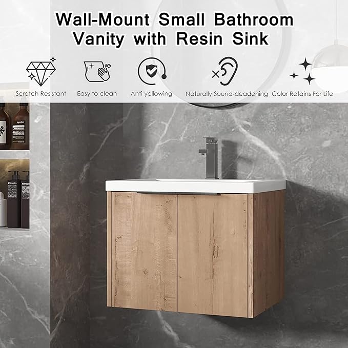 SSLine Wall Mounted Bathroom Vanity with Sink Combo Modern 24-Inch Single Bathroom Vanity Set with Top Basin &Storage Cabinet Wood Hanging Bath Cabinet w/Resin Sink for Small Space(Brown)