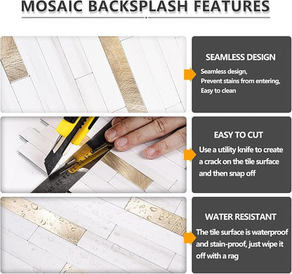 STICKGOO 20 Sheets Peel and Stick Backsplash Tile, Stick on Backsplash for Kitchen and Bathroom, Dolomite White Marble Look PVC Mixed Metal Gold Self Adhesive Wall Tiles