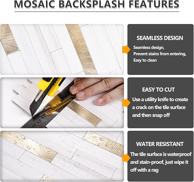 STICKGOO 2 Sheets Peel and Stick Backsplash Tile, Stick on Backsplash for Kitchen and Bathroom, Dolomite White Marble Look PVC Mixed Metal Gold Self Adhesive Wall Tiles
