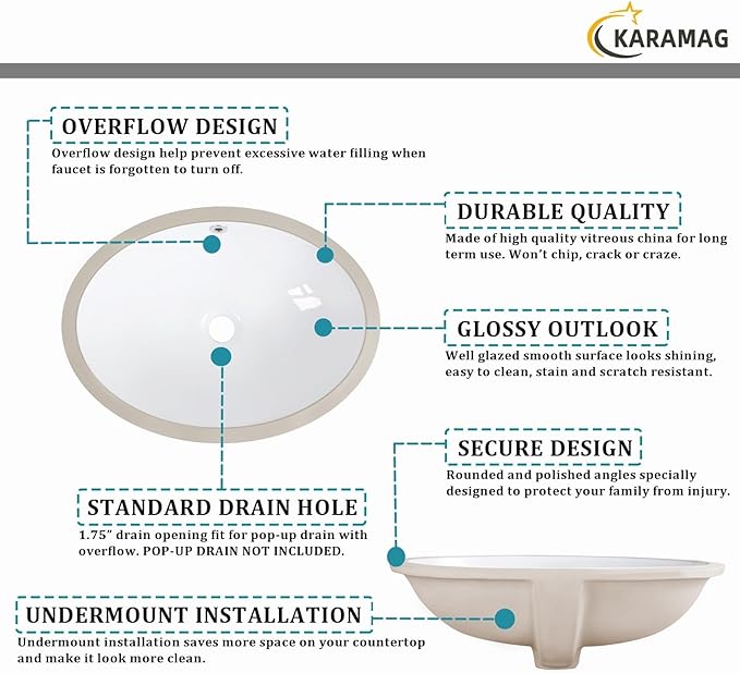 20.5 Inch Undermount Bathroom Sink Oval Undermount Sink White Ceramic Under Counter Bathroom Sinks with Overflow (20.5"x15.4")