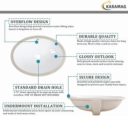20.5 Inch Undermount Bathroom Sink Oval Undermount Sink White Ceramic Under Counter Bathroom Sinks with Overflow (20.5"x15.4")