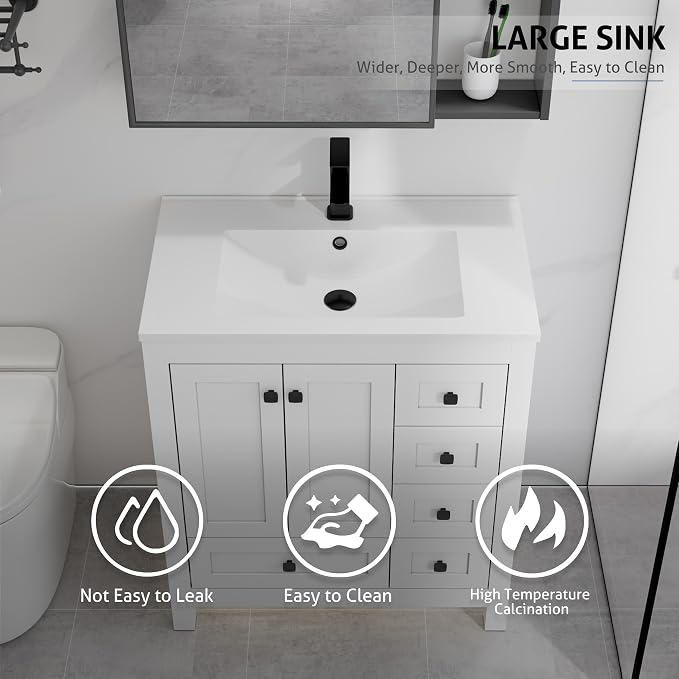 LUCKWIND 30" Bathroom Vanity and Sink Combos, Modern Bathroom Storage Painted Cabinet with Undercounter Resin Single Sink Top, Matte Black Faucet and 5 Drawers, Mirror Not Included, White