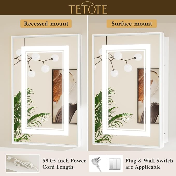White Lighted Medicine Cabinet Mirror with Led Lights 30 x 26 Wall Mount or Recessed Bathroom Cabinet with Storage, 2 Door Tempered Glass Led Vanity Cabinet, 2 Outlets, 3-Color Dimming, Defog
