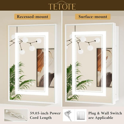White Lighted Medicine Cabinet Mirror with Led Lights 30 x 26 Wall Mount or Recessed Bathroom Cabinet with Storage, 2 Door Tempered Glass Led Vanity Cabinet, 2 Outlets, 3-Color Dimming, Defog