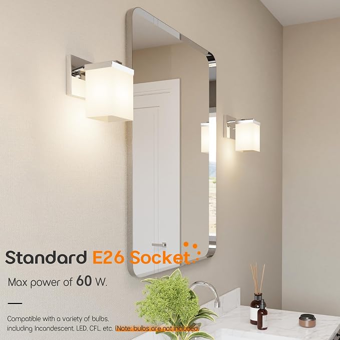 Bathroom Light Fixture Wall Sconce with White Frosted Glass Shade, Polished Chrome Vanity Lightings Over Mirror Hallway Entrance Porch T003CH-L1