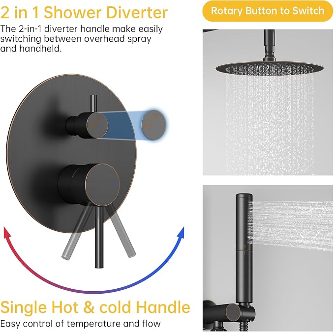 BESy Shower System with 10 Inch Round Rain Shower Head and Handheld Wall Mounted, High Pressure Rainfall Shower Faucet Fixture Combo Set with 2 in 1 Handheld Showerhead for Bathroom, Bronze