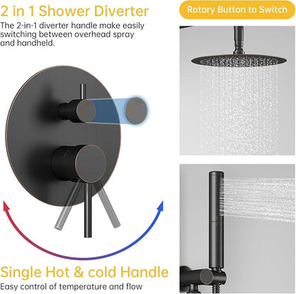 BESy Shower System with 10 Inch Round Rain Shower Head and Handheld Wall Mounted, High Pressure Rainfall Shower Faucet Fixture Combo Set with 2 in 1 Handheld Showerhead for Bathroom, Bronze