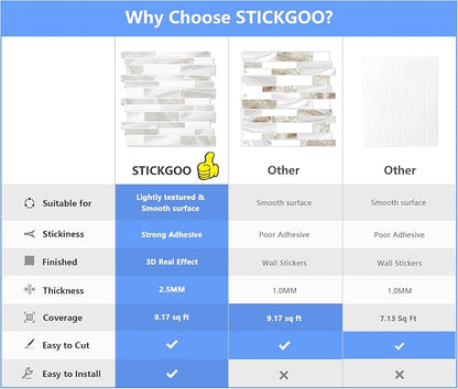 STICKGOO Thicker Design Peel and Stick Tile Backsplash, 12”×12” Stick on Backsplash for Kitchen, Self Adhesive Tile Stickers for Kitchen Backsplash and Bathroom(10 Sheets, Glossy Beige Gray White)