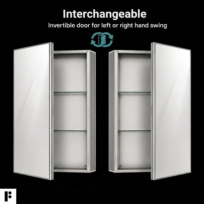Bathroom Medicine Cabinet - Single Door, Aluminum, Recessed/Surface Mount, 24" x 36", Right/Left Hinged, Mirrored Interior