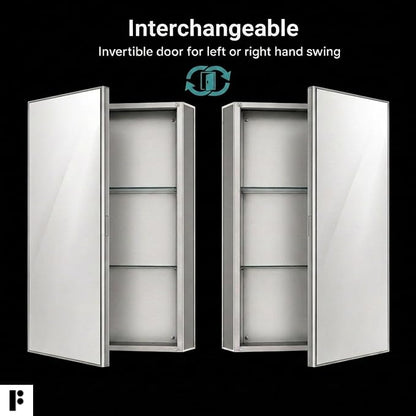 Bathroom Medicine Cabinet - Single Door, Aluminum, Recessed/Surface Mount, 24" x 36", Right/Left Hinged, Mirrored Interior
