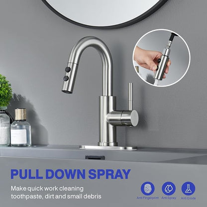 Bathroom Faucet with Sprayer, Brushed Nickel Single Hole with Pop-Up Drain | Kablle Single Handle Pull Out 1 or 3 Hole Laundry Bar Basin Faucet with Deck Plate, KBL-7002BN-CL