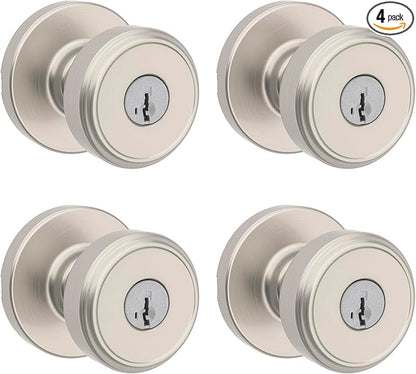 Kwikset Maven Entry Door Knob with Lock and Key, Secure Keyed Handle Exterior, Front Entrance and Bedroom, Satin Nickel, 4 Pack, Pick Resistant SmartKey Rekey Security and Microban