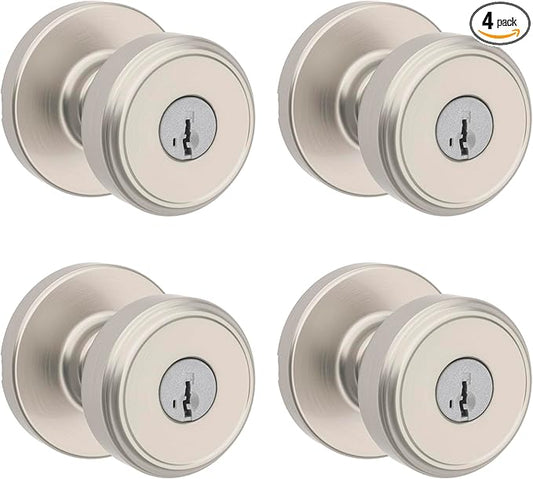Kwikset Maven Entry Door Knob with Lock and Key, Secure Keyed Handle Exterior, Front Entrance and Bedroom, Satin Nickel, 4 Pack, Pick Resistant SmartKey Rekey Security and Microban
