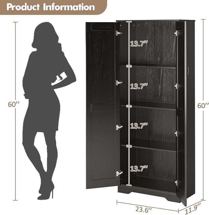 Garvee Tall Pantry Cabinet, 60" Kitchen Storage Cabinet with 2 Doors & Adjustable Shelves, Freestanding Wooden Cupboard for Bathroom，Dining Room, Living Room, Black | Kitchen Storage Cabinet with 2 Doors & Adjustable Shelves, Wooden Cupboard for Bathro...