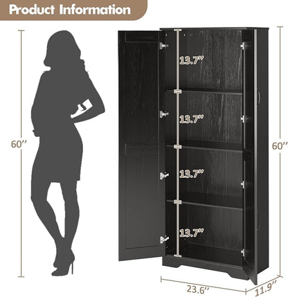 Garvee Tall Pantry Cabinet, 60" Kitchen Storage Cabinet with 2 Doors & Adjustable Shelves, Freestanding Wooden Cupboard for Bathroom，Dining Room, Living Room, Black | Kitchen Storage Cabinet with 2 Doors & Adjustable Shelves, Wooden Cupboard for Bathro...