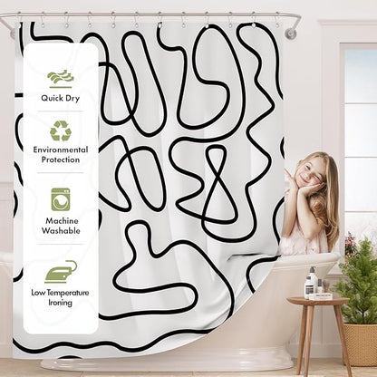 AmazerBath Shower Curtain, Washable Cloth Black and White Shower Curtain Sets with 12 Metal Shower Curtain Hooks, Rustic Abstract Black Lines Art Fabric Shower Curtains for Bathroom Decor, 72x72 Inch