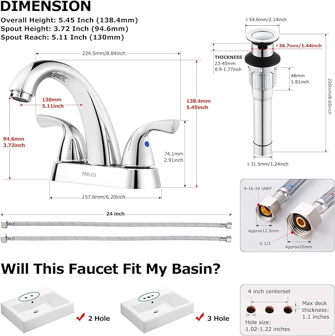 PARLOS 2-Handle Bathroom Sink Faucet with Drain Assembly and Supply Line Lead-Free cUPC Lavatory Faucet Mixer Double Handle Tap Deck Mounted, Chrome, 1359801