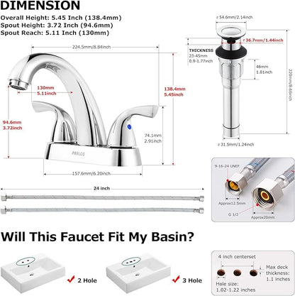PARLOS 2-Handle Bathroom Sink Faucet with Drain Assembly and Supply Line Lead-Free cUPC Lavatory Faucet Mixer Double Handle Tap Deck Mounted, Chrome, 1359801