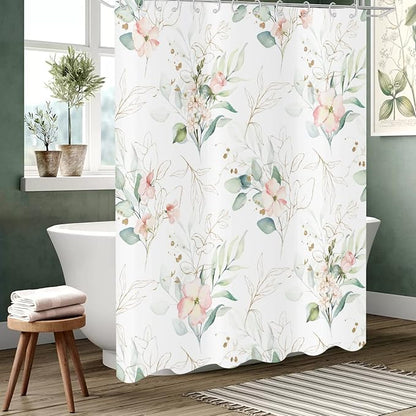 Spring Pink Floral Shower Curtain, Weighted Bottom Sage Green Eucalyptus Leaf Watercolor Botanical Plants with Gold Branches Fabric Bathroom Curtain Home Decor Waterproof Washable with 12 Hooks