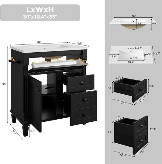 LIKIMIO 30 Inch Bathroom Vanity with Sink, Towel Holder & Adjustable Solid Wood Legs for Uneven Floor, Modern Bathroom Storage Cabinet with Tip-Out Drawer, 2 Drawers & Adjustable Shelf, Black