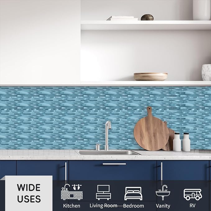 12-Sheet Blue Peel and Stick Backsplash, Brushed Metal Subway Backsplash Linear Tile Stick on Wall Tiles for Kitchen Bathroom Fireplace