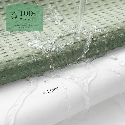 Sage Green Hook Free Waffle Shower Curtain & Snap-in Liner,72x99 | Less Time to install, 3 in 1 Fabric Shower Curtain and Liner Set with Magnets, Extra Long, Shower Curtains for Bathroom