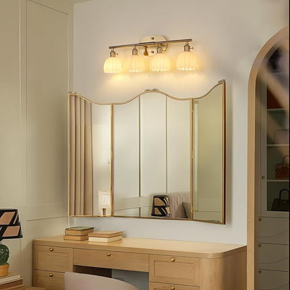 Bathroom Light Fixtures, 4-Light Brass Vanity wall Light Over Mirror with White Tulip Glass Shade for Bedroom Living Room (Bulb Not Included)