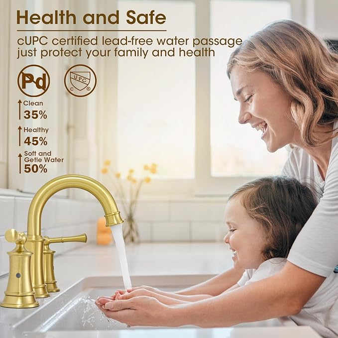 Gold Bathroom Faucet 3 Hole Sink Bathroom Fauce Solid Brass | Complete With Pop-Up Drain Assembly And cUPC Supply Lines For Widespread Vanity, Lavatory, And RV Sinks