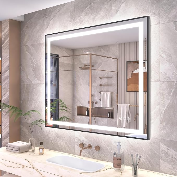 OKPAL 40x36 LED Bathroom Mirror with Front and Backlit, Anti-Fog Lighted Vanity Mirror, Dimmable LED Bathroom Vanity Mirror for Wall with 3 Colors, Memory, Shatter-Proof, ETL Listed