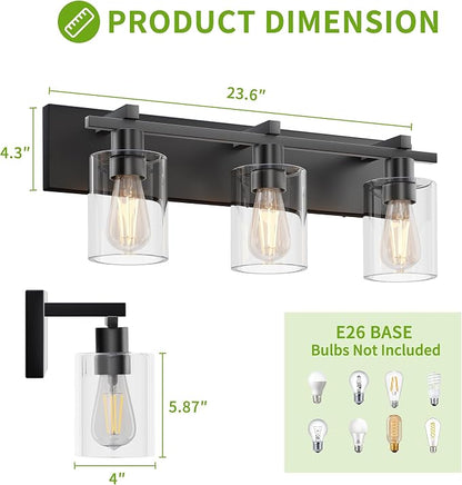 Bathroom Vanity Light,3 Light Matte Black Vanity Light with Thickened Clear Glass Shade, 21 inch Dimmable Modern Wall Sconce, Bathrooms Light Fixture Over Mirror for Bathroom