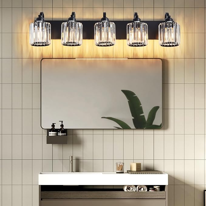 Crystal Vanity Light Black Bathroom Vanity Lighting Fixtures 5 Lights Modern Vanity Light for Bathroom with Crystal Round Shade (Exclude Bulb)