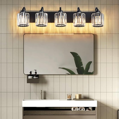 Crystal Vanity Light Black Bathroom Vanity Lighting Fixtures 5 Lights Modern Vanity Light for Bathroom with Crystal Round Shade (Exclude Bulb)