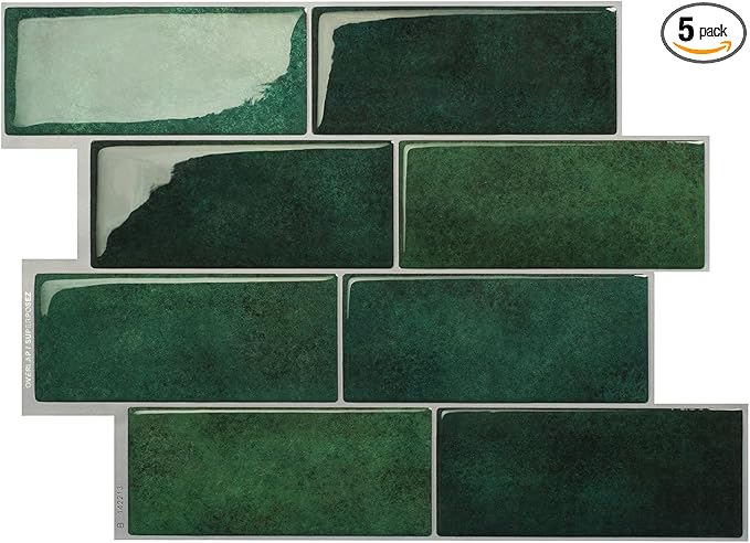 Smart Tiles Peel and Stick backsplash, Subway Emerald Green, 11.55"x8.38" | Pack of 5 (2.8 sq ft), Glossy, Heat/Moisture Resistant, Low VOC, Kitchen/Bathroom, Renter Friendly, Made in Canada