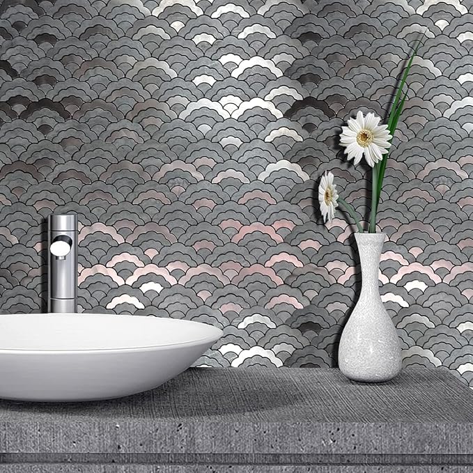 XUANINY 7-Sheet Peel and Stick Metal Backsplash Tiles, Self Adhesive Cloud-Shaped Aluminum Mosaic 3D Wall Sticker for Kitchen Bathroom Living Room Decor (Grey, 11)