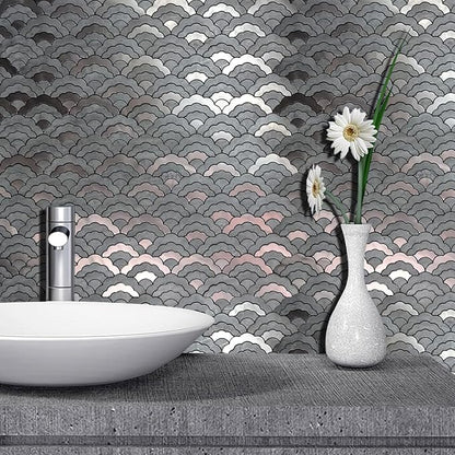 XUANINY 7-Sheet Peel and Stick Metal Backsplash Tiles, Self Adhesive Cloud-Shaped Aluminum Mosaic 3D Wall Sticker for Kitchen Bathroom Living Room Decor (Grey, 11)