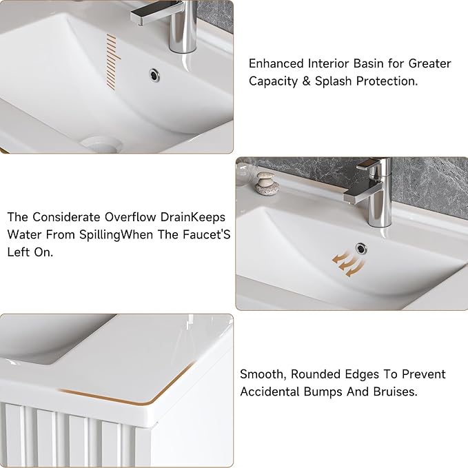 ONBRILL 30 Inch Bathroom Vanity with Sink Combo, Floating Bathroom Vanity with 2 Fluted Drawers & Metal Handle, Modern Wall Mount Storage Cabinet with Ceramic Integrated Sink for Small Space (White)